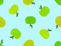 Seamless pattern with green apples on a blue background. Green apple with one leaf. Design for printing on fabric, banners and