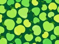 Seamless pattern with green apples on a dark green background. Green apple with one leaf. Design for printing on fabric, banners