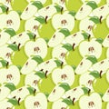 Seamless pattern with green apples on white background. Organic fruit. Cartoon style. Vector illustration for design, web,