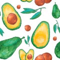 Seamless pattern with green avocado - tropical fruits painting on white background