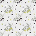 Seamless pattern with green and black olives and olive branches Royalty Free Stock Photo