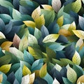 Seamless pattern of green, blue and brown leaves with vibrant color gradients (tiled)