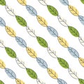 Seamless pattern from green and blue leaves on a light background. Strict flat design. Geometric location. Natural eco Royalty Free Stock Photo