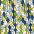 Seamless pattern of green and blue leaves on a solid background. Strict flat design. Geometric location. Printing on Royalty Free Stock Photo