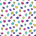 Seamless pattern. Green, blue, pink and yellow stars on white background. Abstract childish star pattern for christmas card, new Royalty Free Stock Photo