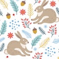 Seamless pattern with green branch, acorn and rabbit