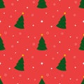 Seamless pattern with green christmas trees and stars on red background. Abstract ,wrapping decoration. Merry Christmas holiday, Royalty Free Stock Photo