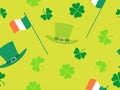 Seamless pattern with green clover leaves, Irish flag and leprechaun hat. Patrick`s Day background with shamrock. Vector Royalty Free Stock Photo