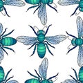 Seamless pattern of green decorative cartoon flies