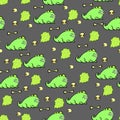 seamless pattern of dinosaurs and skulls on gray background