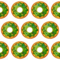 Seamless pattern of green donuts on a white isolated background. Confectionery sweets top view.