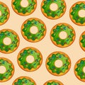 Seamless pattern of green donuts on a yellow background. Confectionery sweets top view.