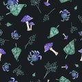 Seamless pattern of green fantasy leaves,branches, spiders and violet mushrooms. Abstract watercolor hand-painted elements