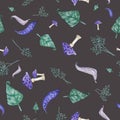 Seamless pattern of green fantasy leaves, branches and violet mushrooms. Abstract watercolor hand elements on grey