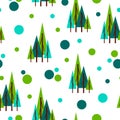 Seamless pattern with green fir trees and circles. White background. Flat style. Garden or forest. Nature and ecology. Merry Royalty Free Stock Photo