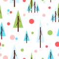 Seamless pattern with green fir trees and circles. White background. Flat style. Holiday decoration. Happy New Year. Merry Royalty Free Stock Photo