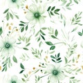 Seamless Pattern Green Flowers And Leaves Swirling On A White Background, Water Color, AI Generated