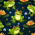 Seamless pattern with green frogs and flowers on dark blue background illustration Royalty Free Stock Photo