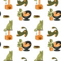 Seamless pattern of green and ginger cats in their houses