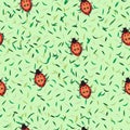 Seamless Pattern With Green Grass And Lady Bugs Illustration - Easter Theme