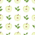 Seamless pattern with green half apples and leaves on white background. Organic fruit. Cartoon style. Vector illustration for Royalty Free Stock Photo