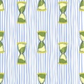 Seamless pattern with green hourglass elements. White and blue striped background. Simple design Royalty Free Stock Photo