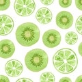 Seamless pattern with green kiwi and lime slices on white.