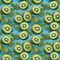 seamless pattern with green kiwi slices on blue background Royalty Free Stock Photo