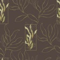 Seamless pattern of green leaves on a brown background. Floral ornament for fabric, tiles and wallpaper on the wall. Vector Royalty Free Stock Photo