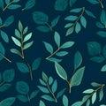 Seamless pattern with green leaves on dark blue background. Vector illustration Royalty Free Stock Photo