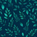 Seamless pattern with green leaves on dark blue background. Vector illustration Royalty Free Stock Photo