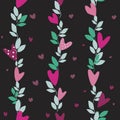 A seamless pattern with green leaves and heart as a flower on a black background, a vector stock pattern with doodle elements for Royalty Free Stock Photo