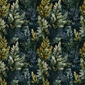 seamless pattern with green leaves on tree branches on black background Royalty Free Stock Photo