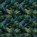 seamless pattern with green leaves on tree branches on black background Royalty Free Stock Photo