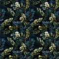 seamless pattern with green leaves on tree branches on black background Royalty Free Stock Photo