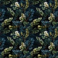 seamless pattern with green leaves on tree branches on black background