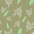 Seamless pattern with green leaves, white branches on olive green/brown background. Spring/summer pattern. Packaging, walpaper, te