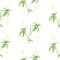 Seamless pattern of green lily flowers on a white background with yellow squares. Watercolor Royalty Free Stock Photo