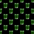 Seamless pattern with green liquor in shot glass