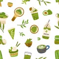 Seamless pattern with green matcha leaves, food and drinks on white background. Endless repeating texture with organic