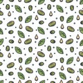 Seamless Pattern, Green Olives, Oil Drops And Leaves. Hand Drawn Vector Background