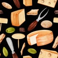 Seamless pattern with green olives, pieces of cheese, chocolate, crackers, knife and fork. Hand drawn watercolor illustration