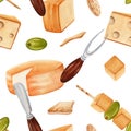 Seamless pattern with green olives, pieces of cheese on skewers, crackers, knife and fork. Hand drawn watercolor illustration