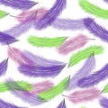 Seamless pattern of green, pink, violet feathers on white background. abstract background with colorful feathers. Hand drawing. Pr