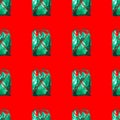 Seamless pattern of green plastic bag on red background