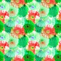 Seamless pattern of green and red gerbera flowers, vivid summer daisy floral ornament, abstract gerber flower texture, wallpaper