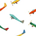 Seamless pattern with green, red and yellow planes in cartoon style on white background Royalty Free Stock Photo