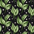 Seamless pattern of green rose leaves and dried decorative beads in watercolor style. Digital illustration on a black background.