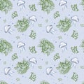 Seamless pattern of green sea plant and jellyfish watercolor illustration isolated on blue background. Codium seaweed Royalty Free Stock Photo