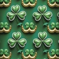 Seamless Pattern Of Green Shamrocks And Gold Crowns On A Green Background clover Royalty Free Stock Photo